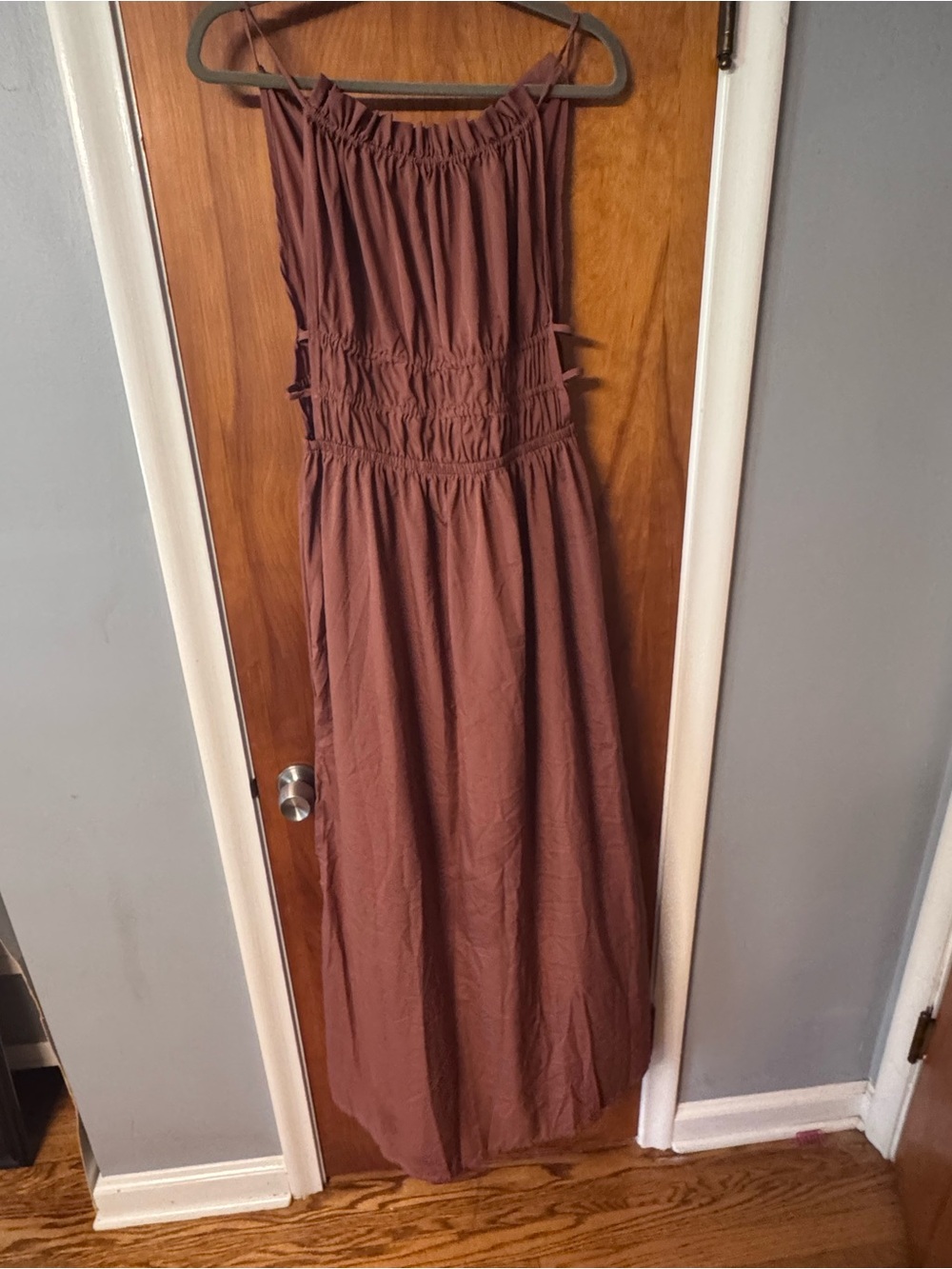 indulge Rust Brown Maxi Dress with Smocked Waist and Tie Straps